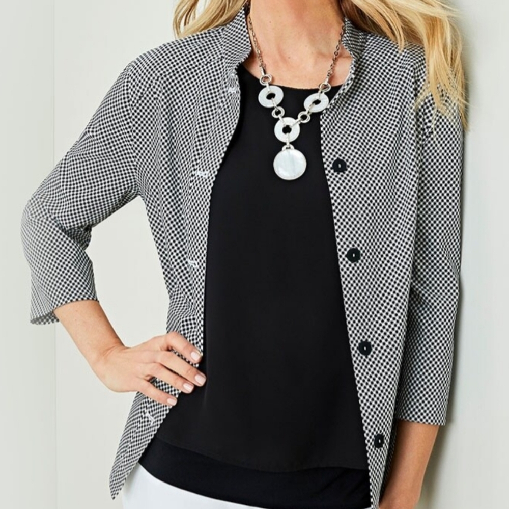 NWOT Chicos black white diamond gingham stretch jacket Womens Large